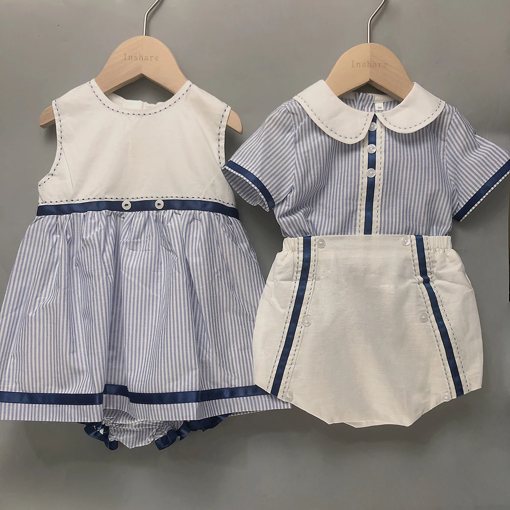 Children Boutique Clothing Summer Boys Girls Short Sleeves Blue Stripes Cotton Navy Set Spanish Clothes Eid Siblings Outfit