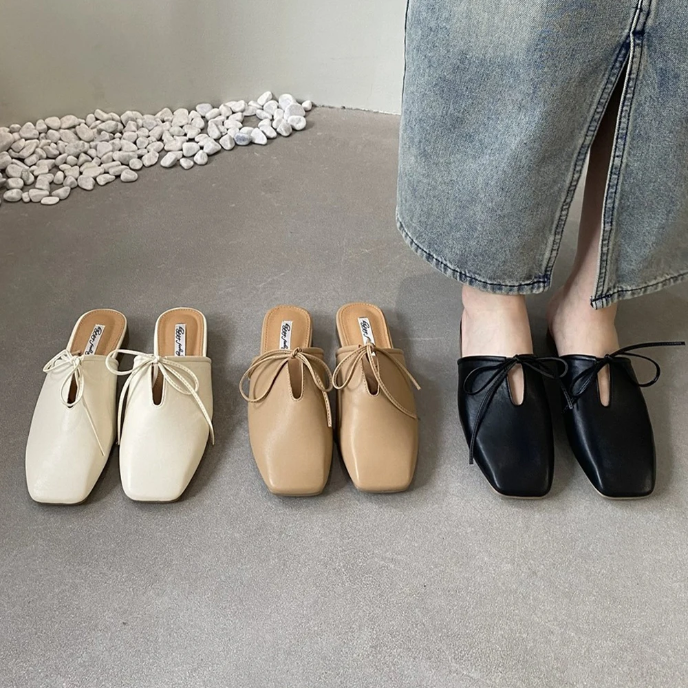 

Women's Mules Low Heel Flats Leather Slip On Square Closed Toe Backless Sandals Slippers Casual Slides for Girls Lady Work