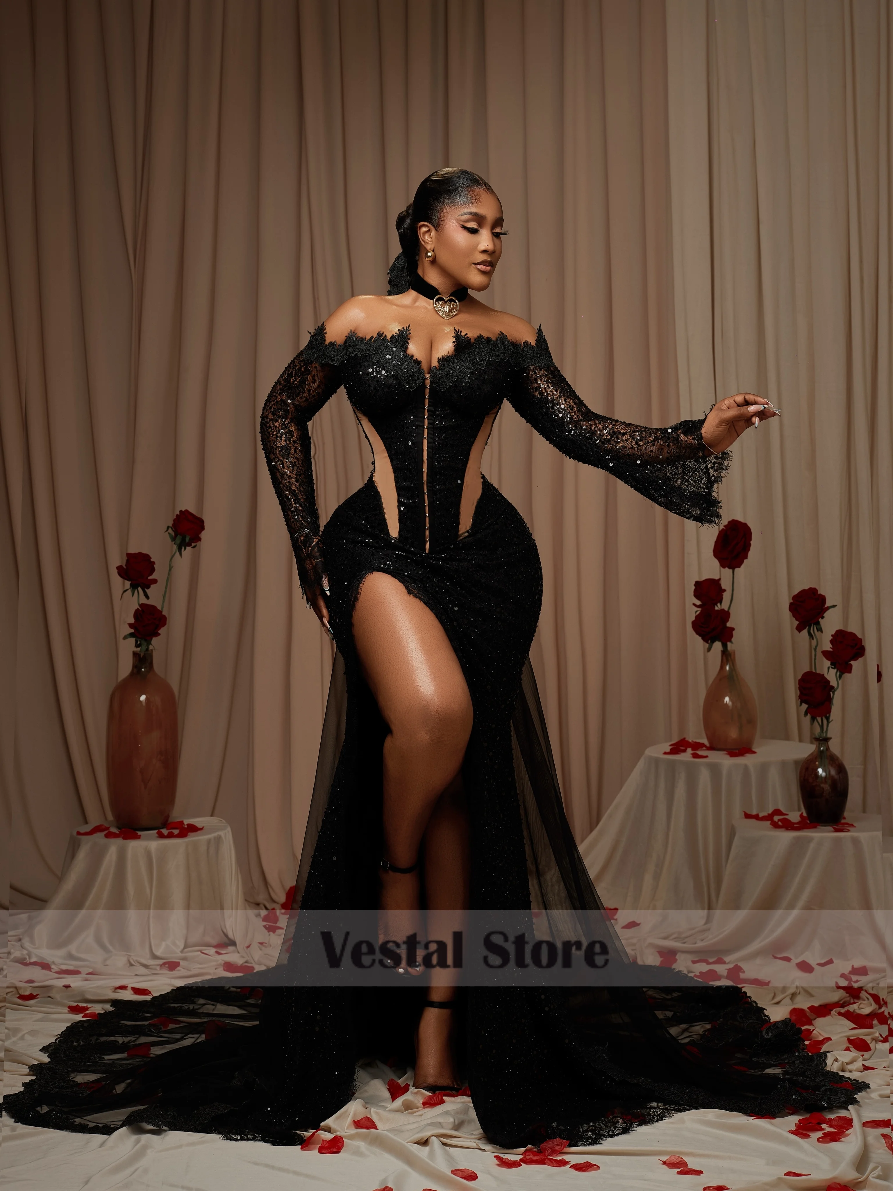 Vestal Black Lace Evening Dress Mermaid Long Flare Sleeve High Slit Corset Prom Dress for African Women Vestidos Customized