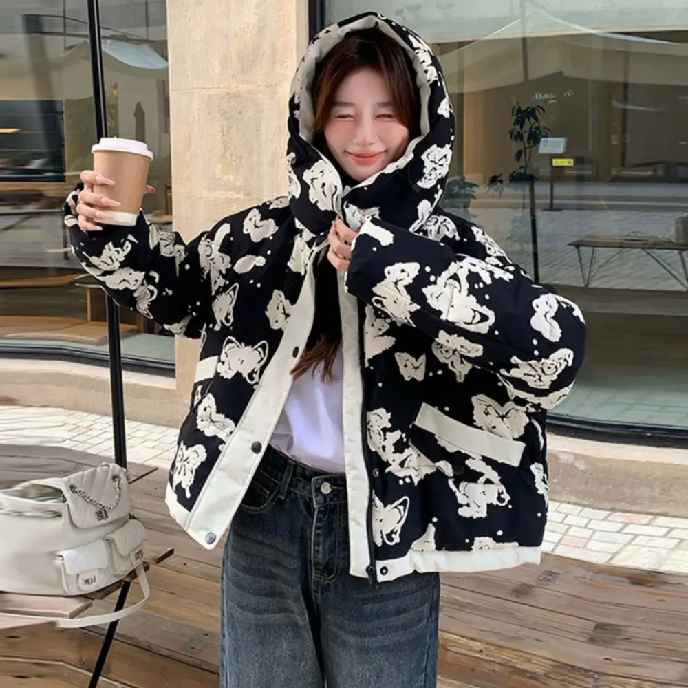 Parka corta para mujer, chaqueta de plumas de mariposa Floral a la moda, chaqueta cálida con capucha para mujer, abrigo informal de manga larga con plumón de pato