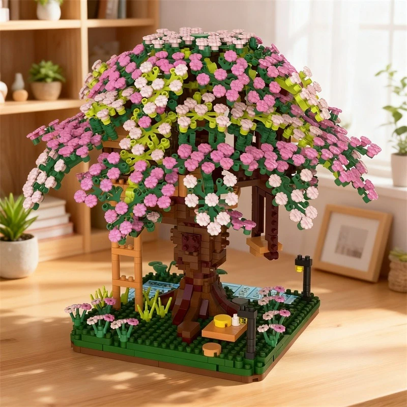 Mini Blocks Beautiful DIY Architecture Pink Flower House Cherry Sakura Building Bricks Adult Toys Birthday Gift Girl Present