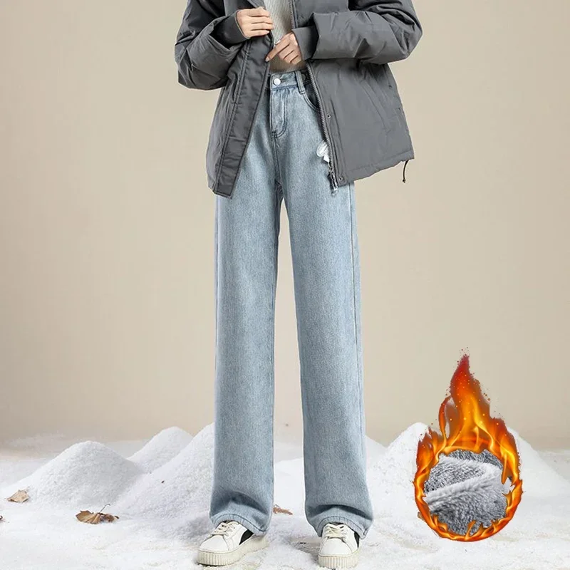 Winter Lady Ins Fashion Plush Thermal Jeans Girls Snow Warm Fleece Thicken Denim Pants Female Classic Straight Leg Trousers
