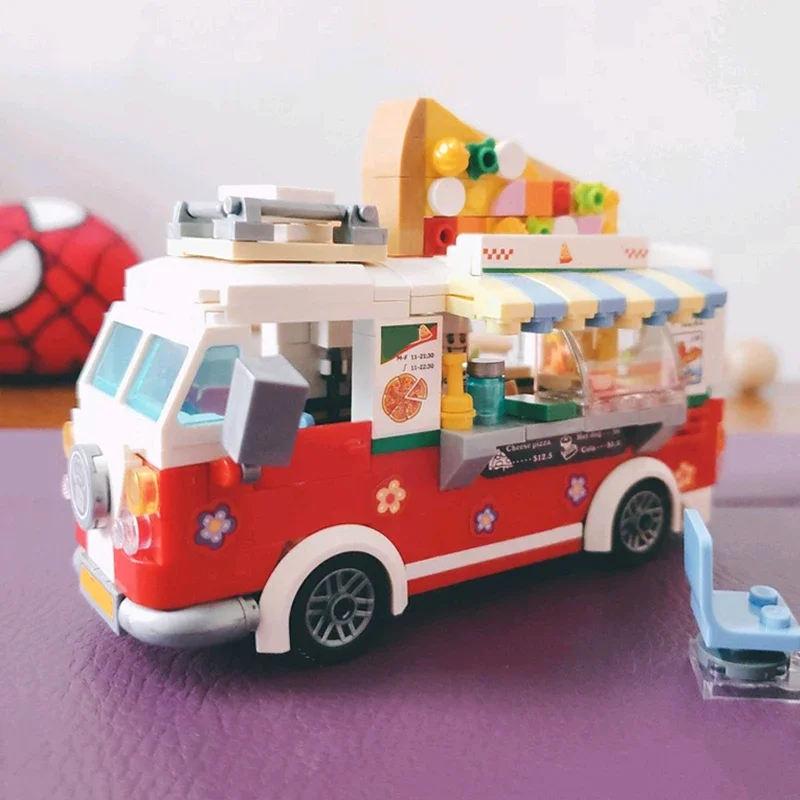 Mini Pizza Car Building Block Set DIY Creative Car Sales Store Model Assembled Ornaments for Adults and Children Toy Gifts