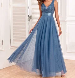 Mesh Dress Women High Waist Long Dresses Party Sleeveless V Neck Elegant Evening Vestidos Gown High Waist Summer Night Wedding