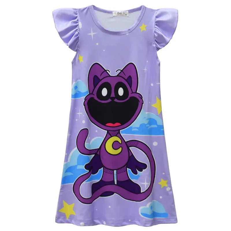 

Smiling Critters Dress Kids Cartoon Cat Nap Clothes Baby Girls Summer Nightgown Children Flying Sleeve Pajamas Home Nightwear
