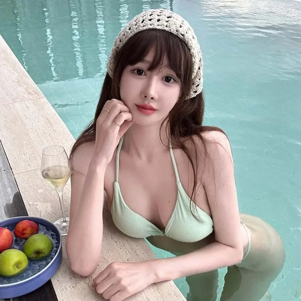 

Women's Sexy Mint een Bikini Pure Desire Sle Small Chest Tied Vaion Hot Spring Swimsuit Triangular Design with Chest Pad