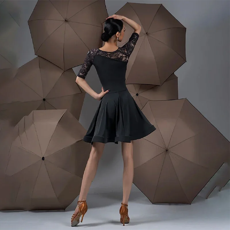 Latin dansjurk Dames Competitie Ballroom Danskleding Kanten mouw Salsa Rumba Chacha Prestatiekostuums