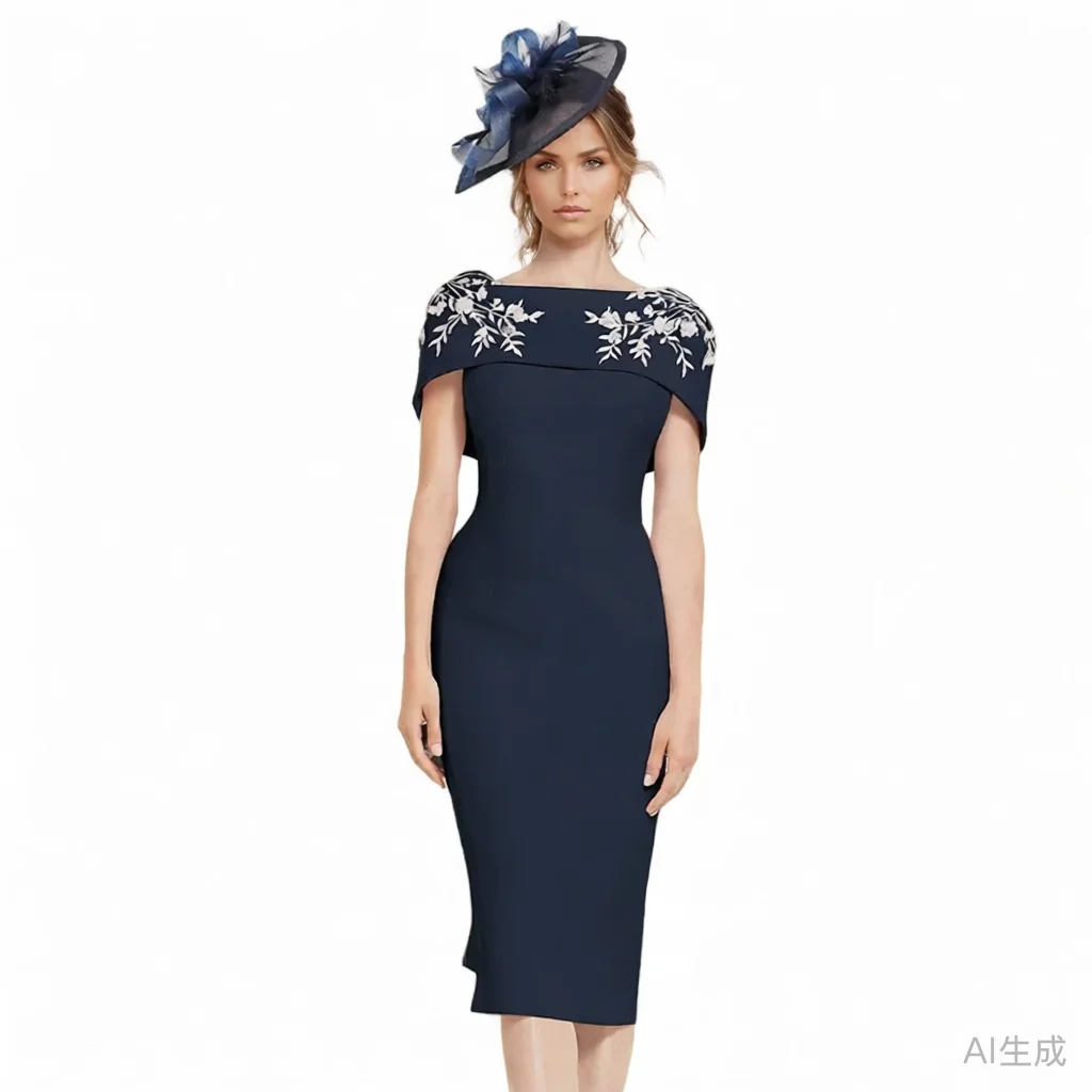 Exquisite Guest Wedding Party Dresses Crepe Fabric Sheath/Column Cocktail Dress Navy Blue O-Neck Pearls Ruffles Prom Dress Midi