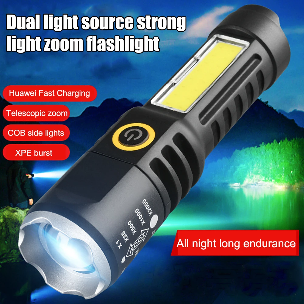 Waterproof Torch Light Telescopic Zoom XPE COB LED Camping Flashlight Type-C USB Charging Hiking Flashlight 4 Modes for Fishing