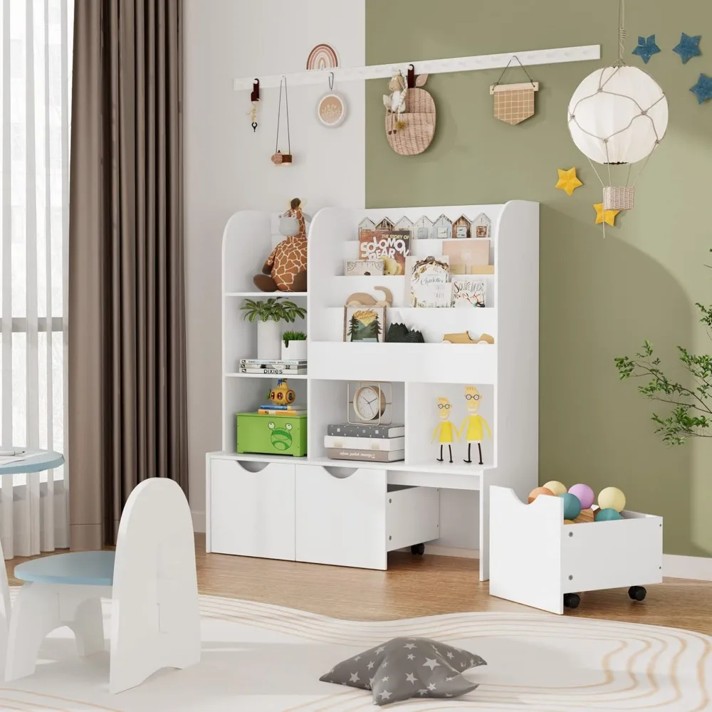 47'' Kids Bookcase and Bookshelf, Multifunctional Bookcase with 5 Storage Cubbies and 3 Movable Drawers