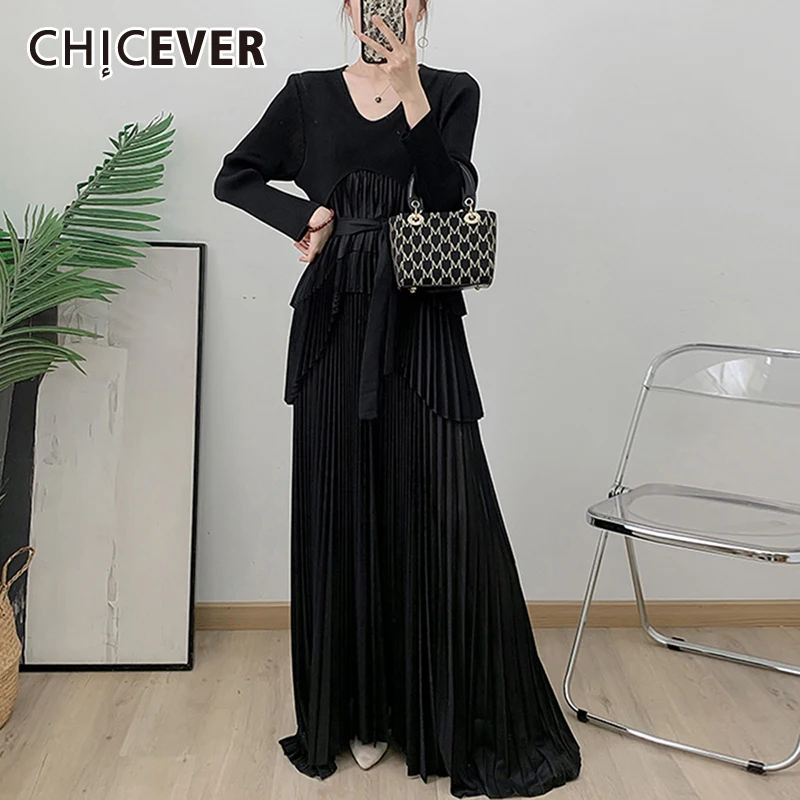 

CHICEVER Temperament Solid Loose Folds Dreses For Women Round Neck Long Sleeve High Waist Elegant Splice Lace Up Dress Female