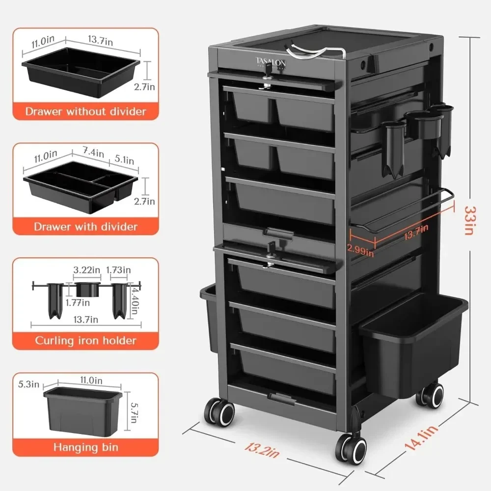 Salon Cart - Lockable Salon Cart with 6 drawers and tool rack, Rolling Cart with wheels, lock, and door