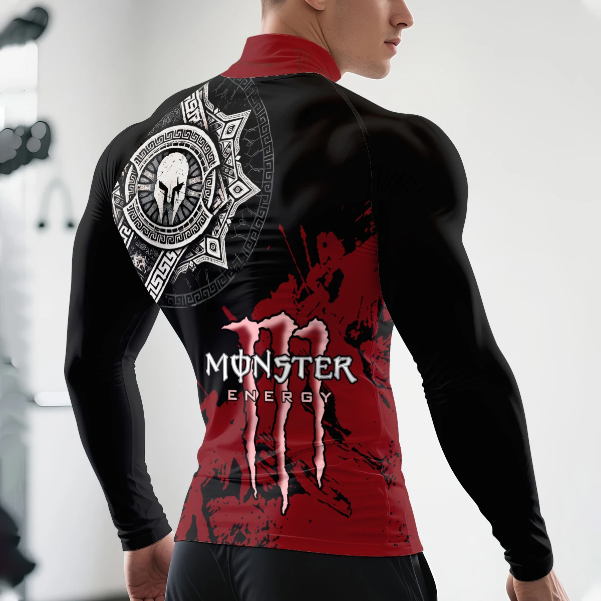تي شيرت Monster Energy Dark Style بحبر سبلاش أحمر وزخرفة فضية من الدرع الروماني القديم المحارب الرياضي واللياقة البدنية بنصف رقبة عالية #5