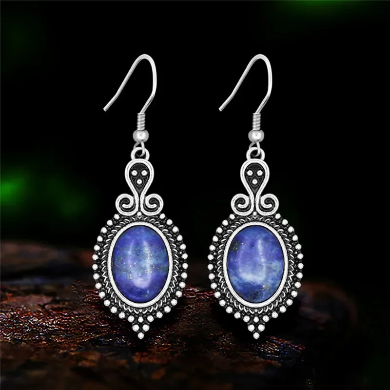 Vintage Oval Natural Quartz Earrings For Women Antique Silver Plated Flower Pendant Stone Tiger Eye Lapis Fashion Jewelry