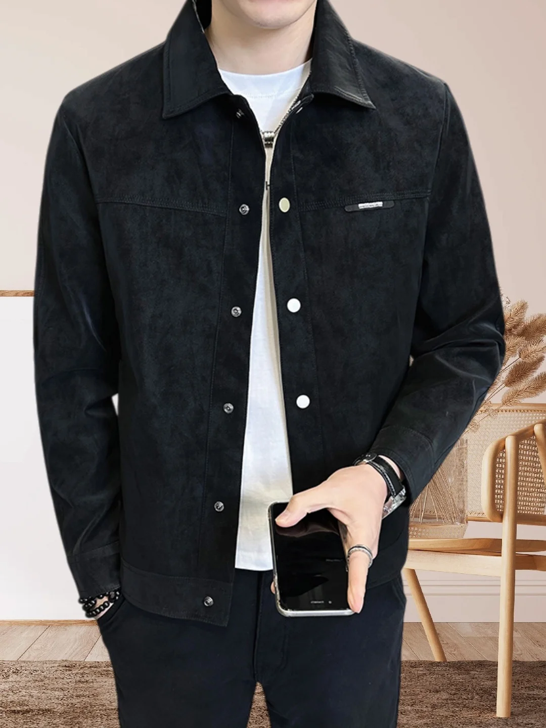 

Men's Fleece Lined Suede Jacket Thick Warm Outdoor Coat Standard Fit Fashionable Winter Upper Apparel for Men Short Style