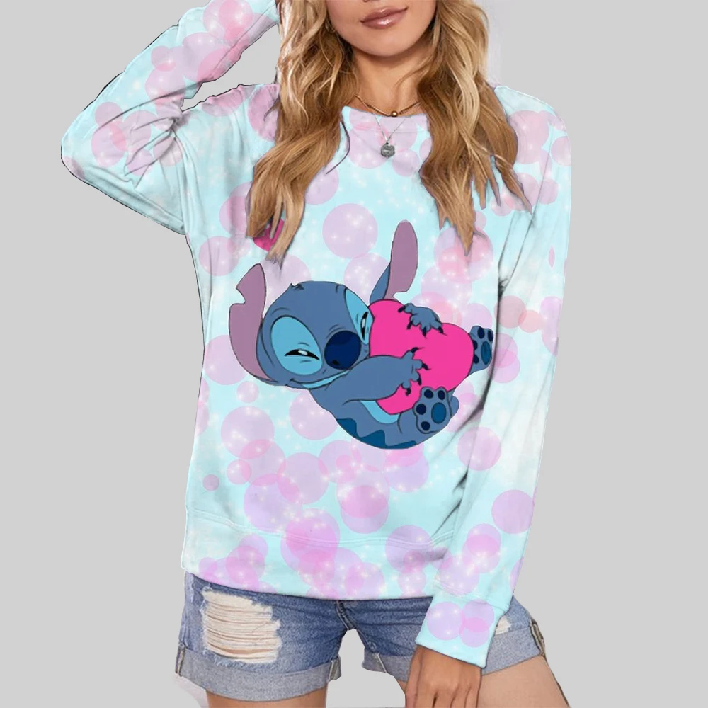 Women Sweatshirt Disney Stitch cartoon print Hoodie Korean Casual Streetwear Crewneck Loose Pullover Female Clothes ﻿