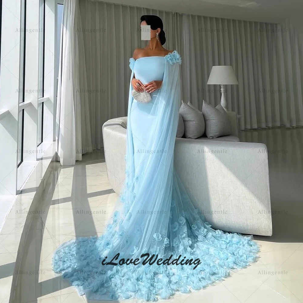 Sky Blue Arabic Evening Dresses 3D Flowers Sweep Train Mermaid Long Prom Dress Vestidos De Noches Wedding Party Gowns Customized