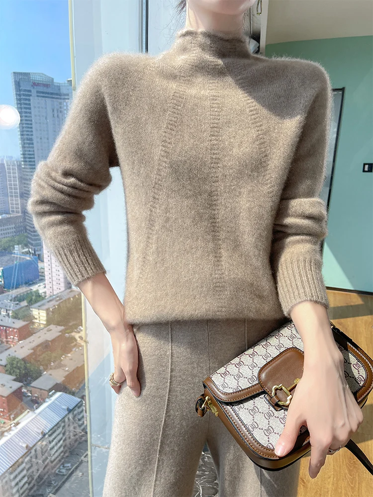 

Женский пуловер из 100% шерсти Merino с полувысоким воротником, осень-зима, толстый повседневный модный вязаный кашемировый свитер