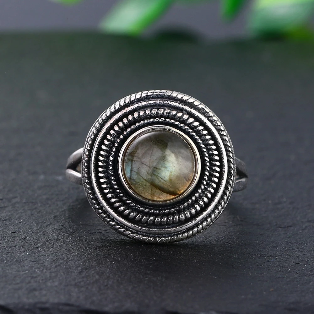 Round 8MM Natural Labradorite Rings Women's Gemstone S925 Sterling Silver Ring Vintage Style Fine Jewelri