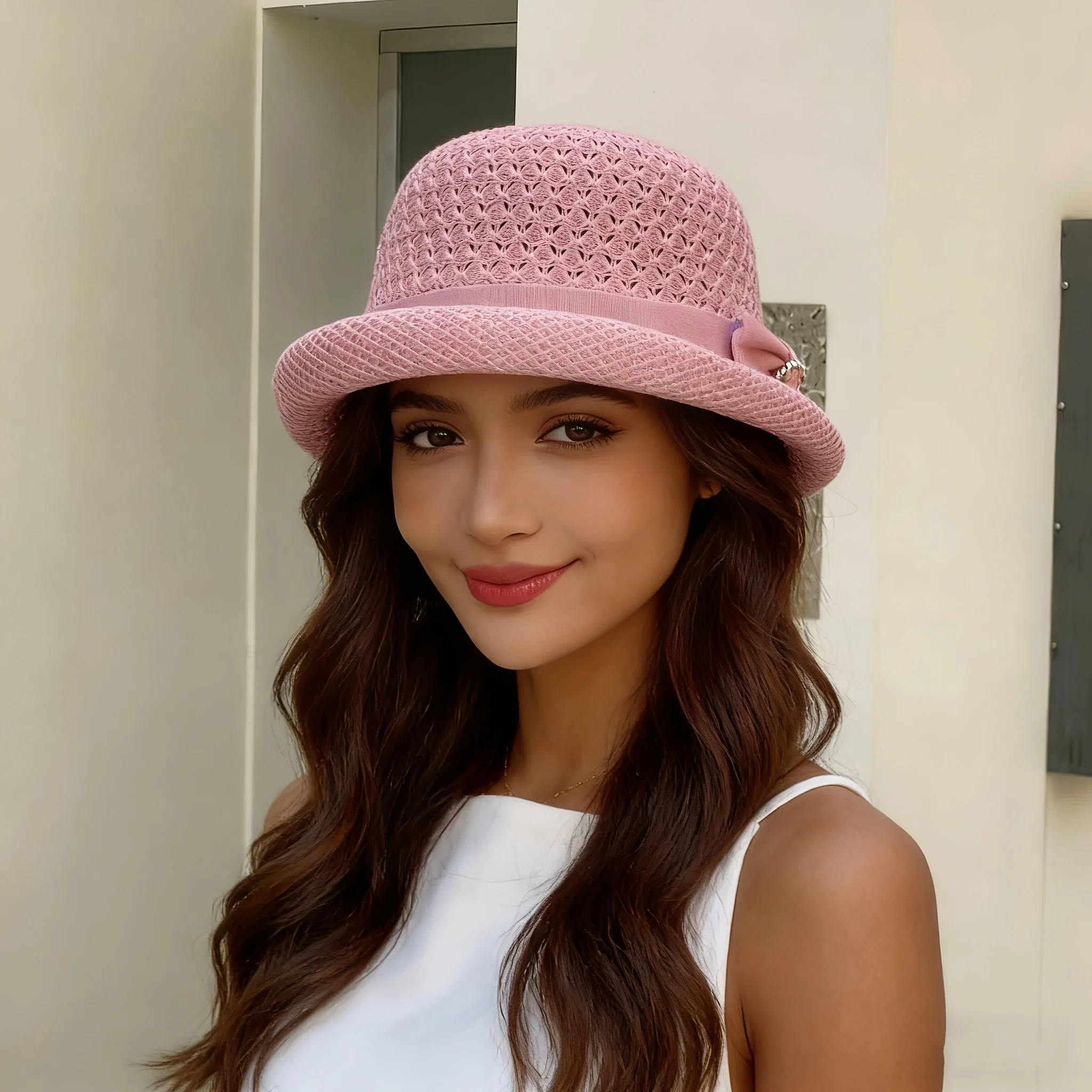 Women's Bucket Hat Features Breathable Crochet Design Bow Rhinestone Clasp,Casual Outings Vacations Summer Activities