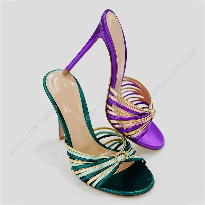 

Green Purple Pinstripe Knotted Wrap Slides Low Heel Open Gold Round Toe Sandals Summer Girls Casual Slingback Heels Weave Shoes