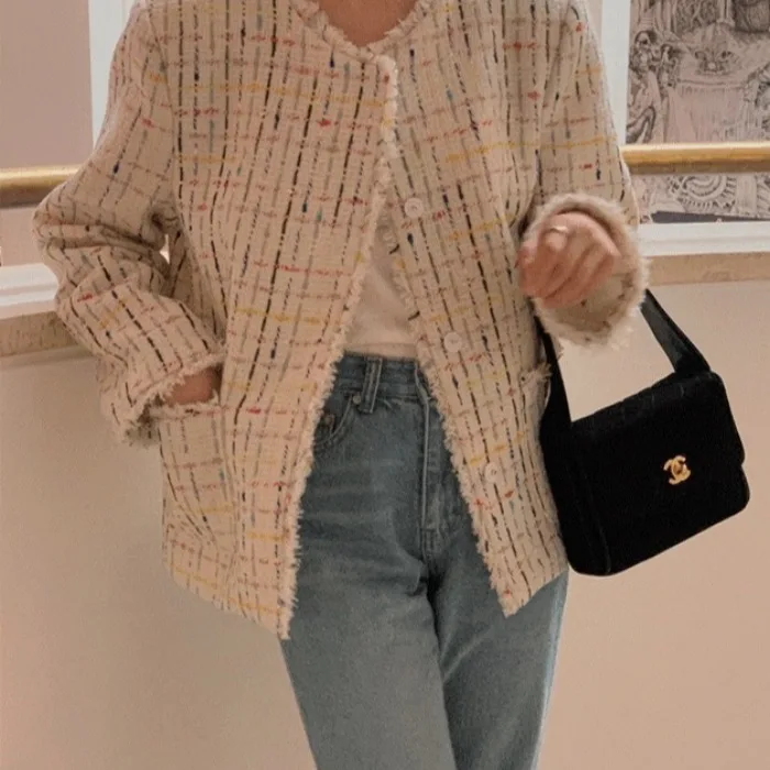 Korean Gentle Color Dot Tweed Commuter Loose Open Cardigan Frayed  Single Button Small Fragrance Style Outerwear