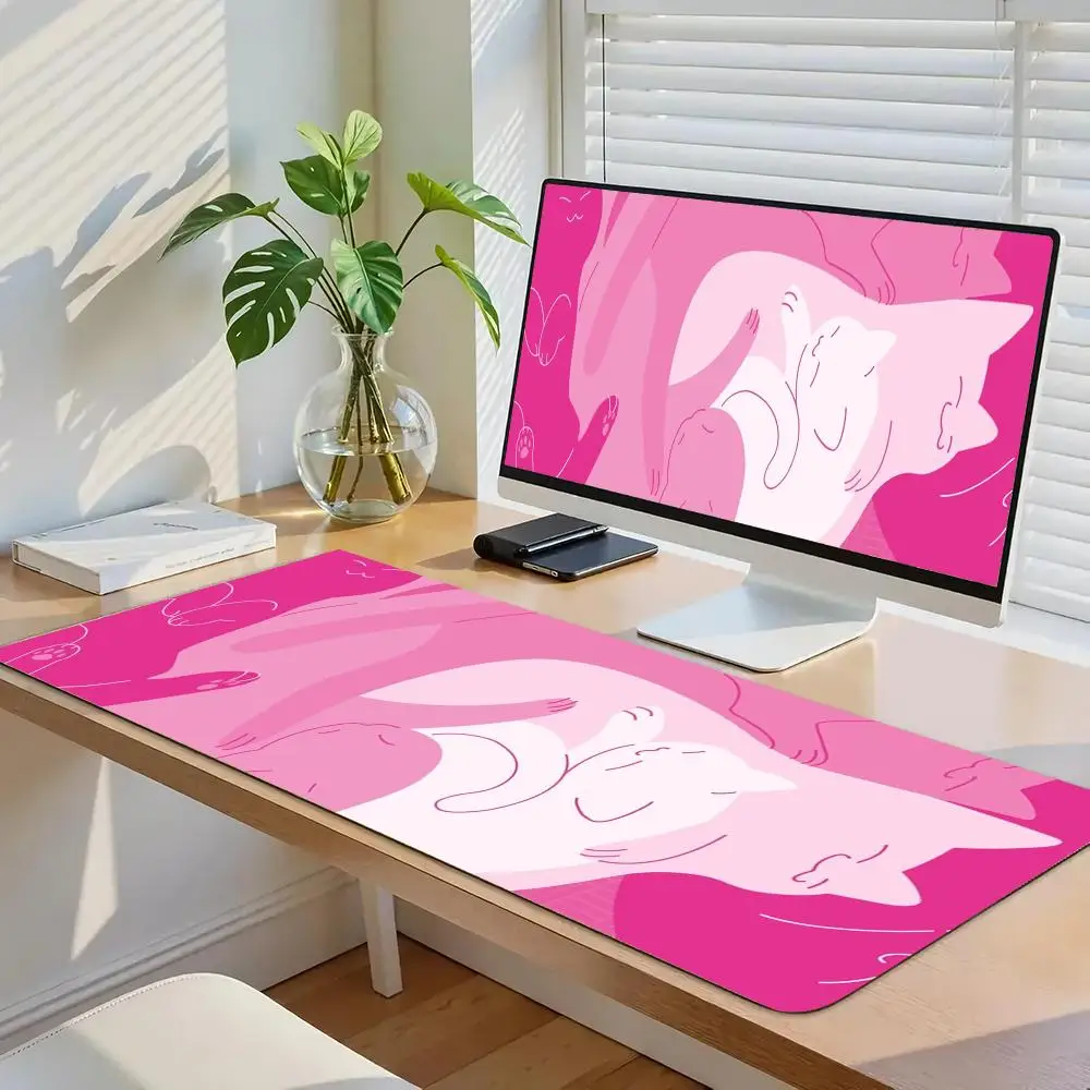 

Розовый милый кот, большой коврик для мыши, резиновый противоскользящий коврик для компьютерного рабочего стола, толстая клавиатура, аксессуары для ПК, дизайн с замком по краям