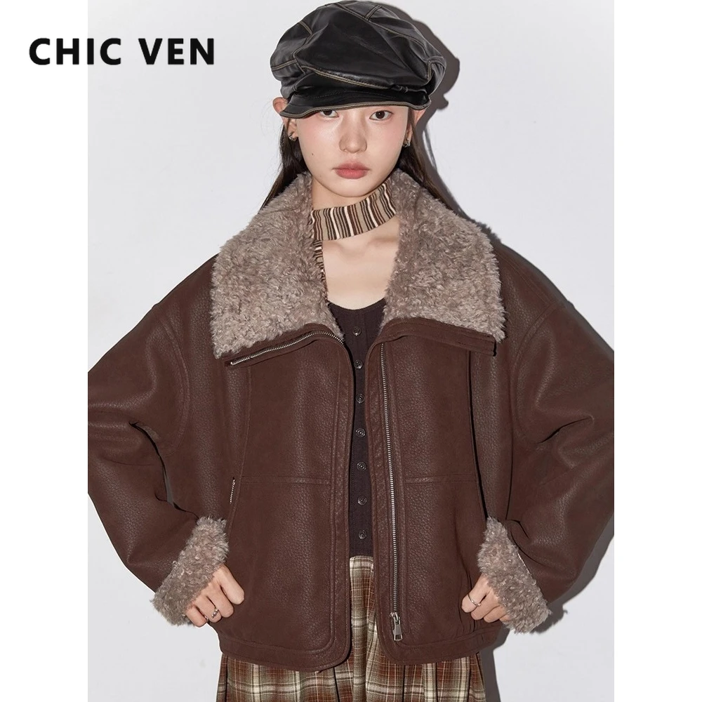 

CHIC VEN Fashion Women Faux Leather Jackets Slim Streetwear Female Suede Jacket Motorcycle Short Coat Autumn Winter 2025