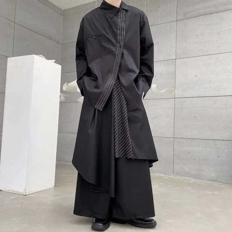 Minimalist Men's Shirt Asymmetrical Placket Stitched Detail Oversized Fit Long Sleeve Casual Niche Blouse Top BFR5