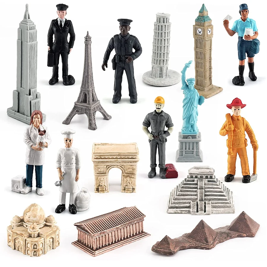 

Simulation Around The World City Miniatures Buildings 10pcs with 7pcs People Everyday Heroes Model Figurine Collections Gift