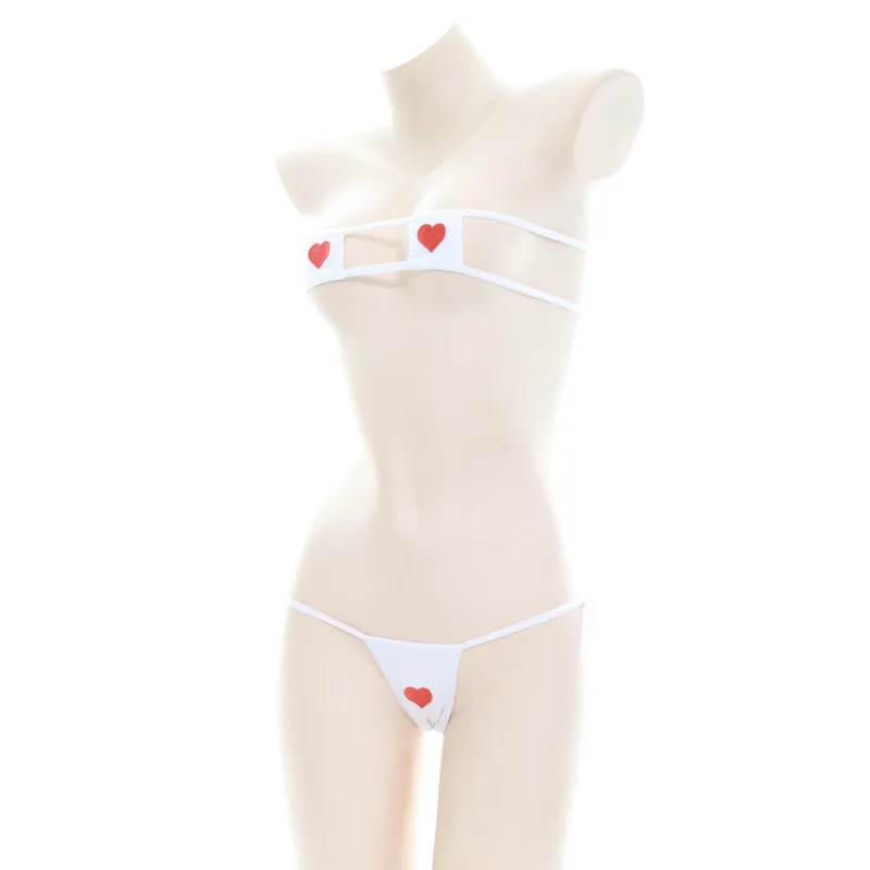 Lencería Sexy japonesa Lolita Kawaii, corazones blancos y negros, Mini Bikini para adultos, disfraces eróticos, sujetador, conjuntos de ropa