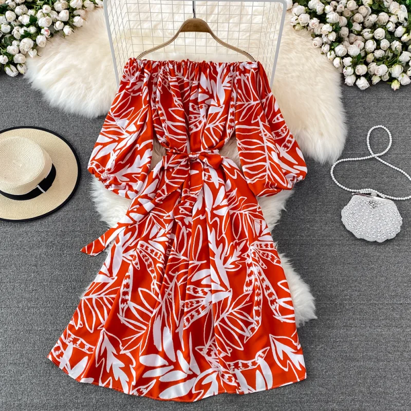 INS boho vintage donna estate sexy spalle scoperte stampa floreale fasciatura abito lungo chic a-line vestido de festa elegante abito da spiaggia
