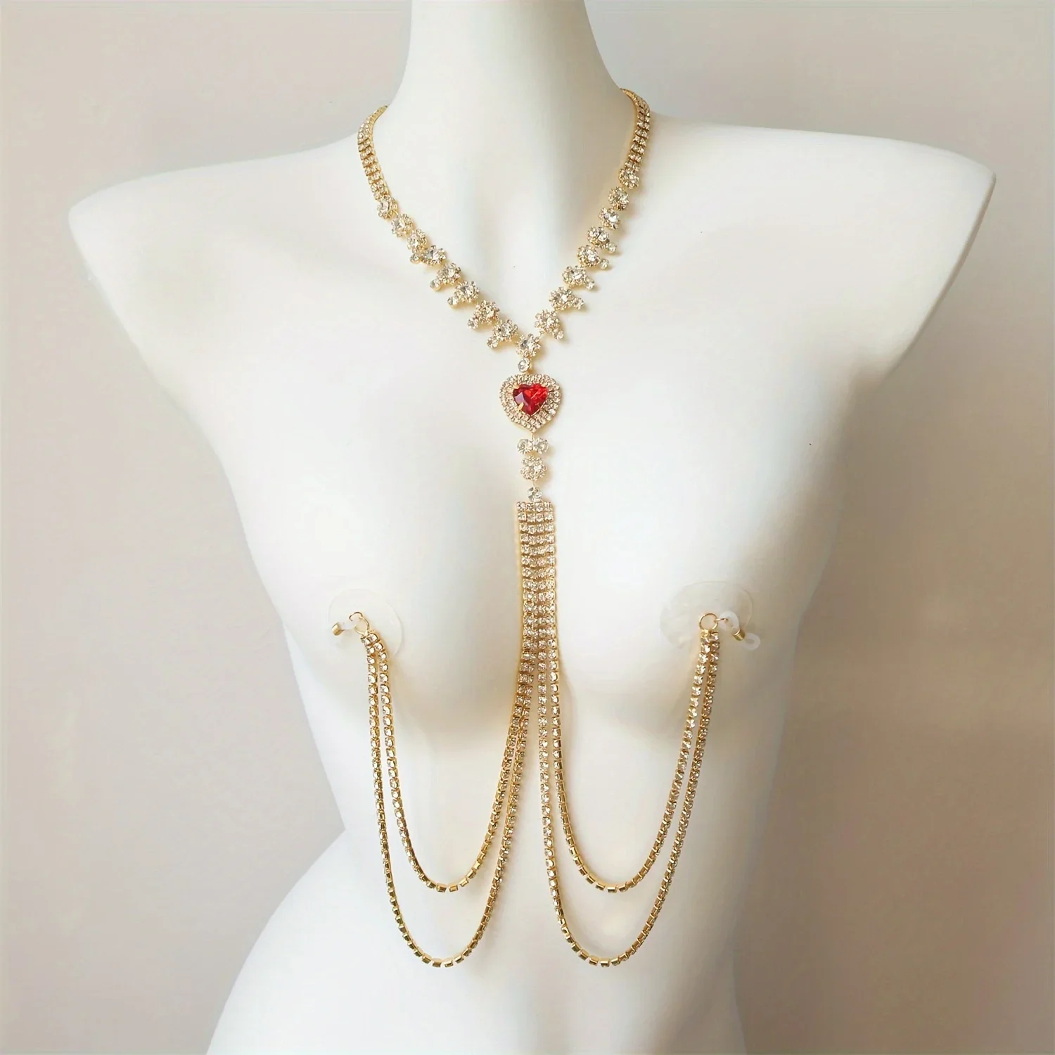 Super Sparkling Sexy Tassel Rhinestone Red Heart-shaped Nipple Chain Exaggerated Women's Crystal Bikini Jewelry Valentine's Day