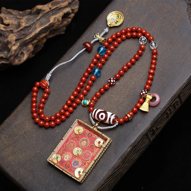 

Tibetan style literature five ways god of wealth thangka buddha pendant jumper chain three eyes dzi glazed red agate necklace