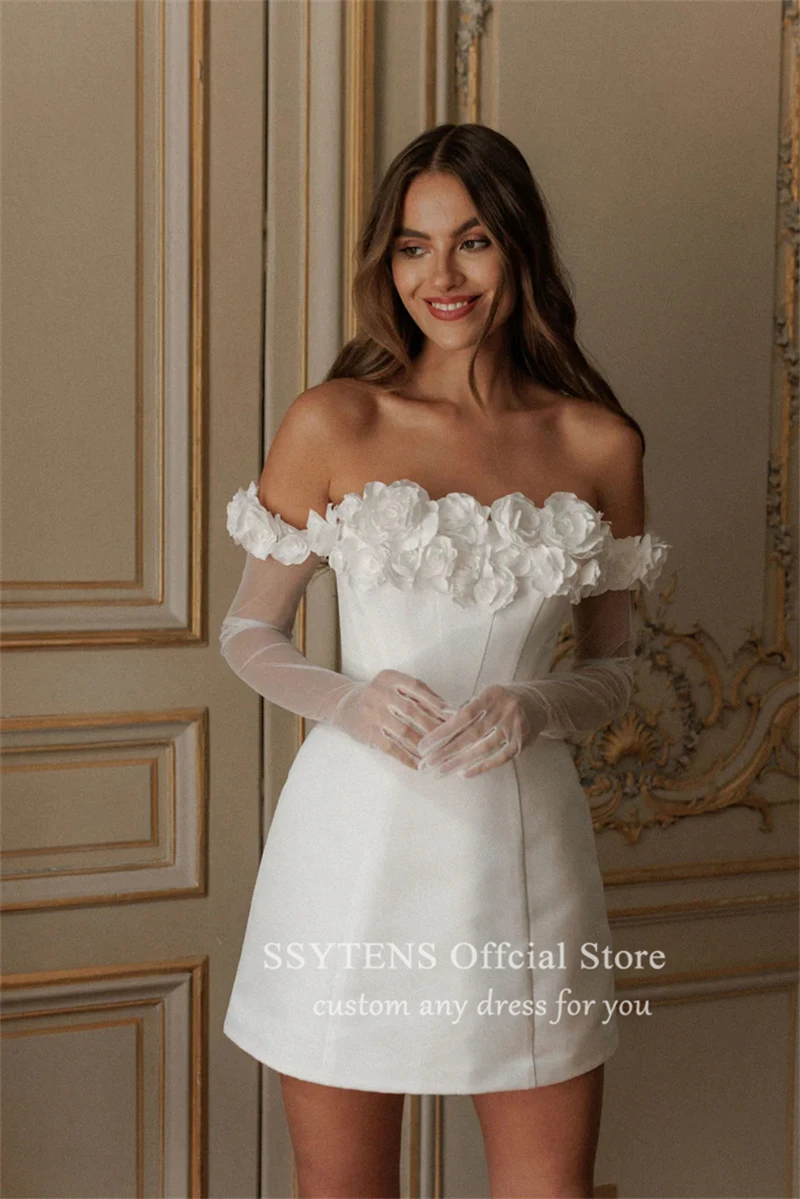 SSYTENS A Line Short Wedding Dresses Long Sleeves Customized Flower Off The Shoulder Bridal Gowns 2025 Corset Back Party Gowns