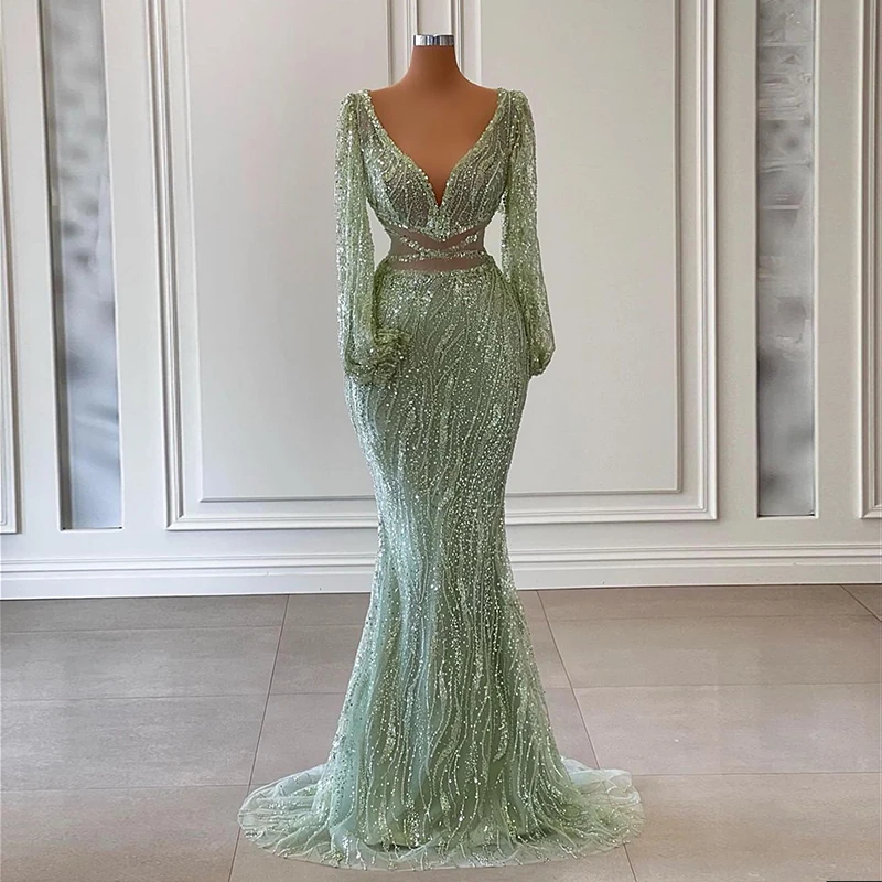 

Scz027 Jancember Beaded Mermaid Mint Green Evening Dress 2023 Sexy V-Neck African Prom Party Dresses For Women Wedding