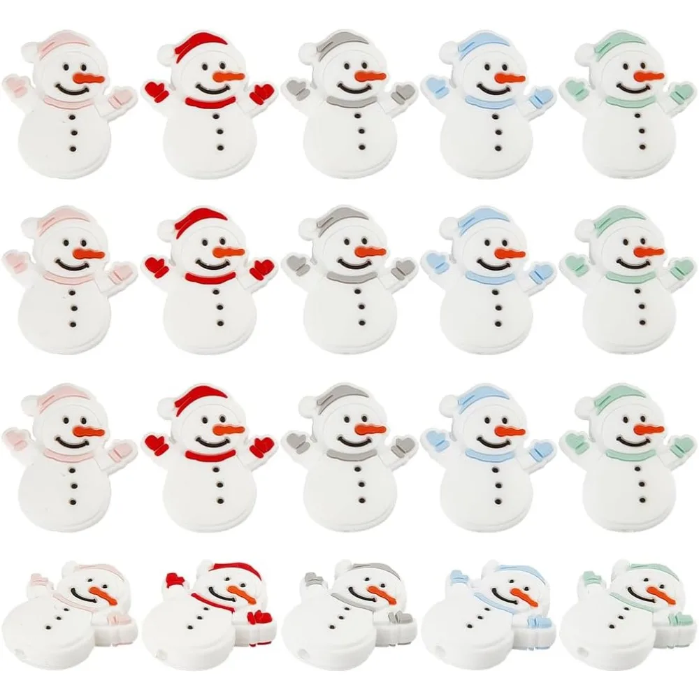 20Pcs 5 Color Snowman Silicone Beads Christmas Theme Eco-Friendly Rubber Beads Bulk for Xmas DIY Jewelry Making Necklace