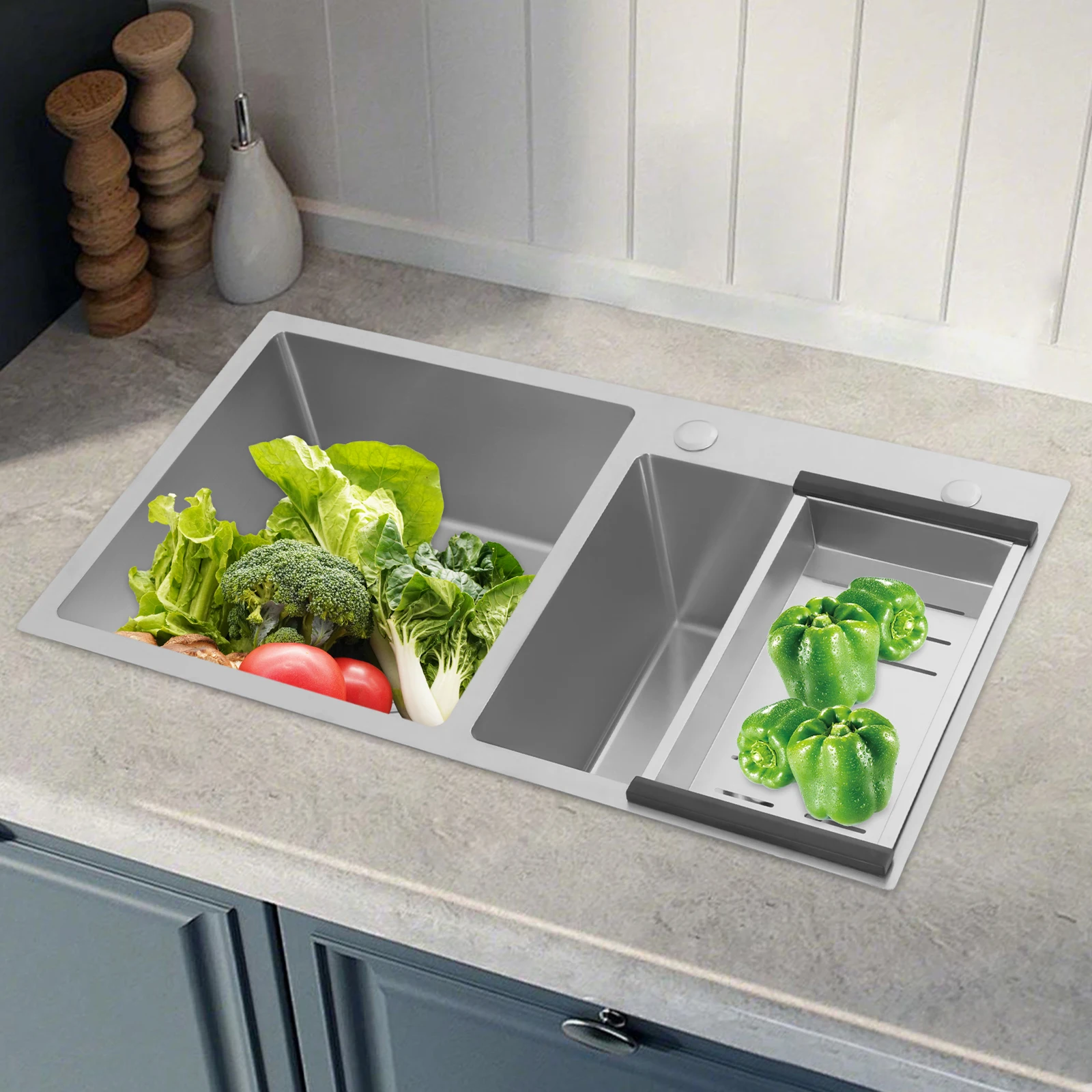 더블 보울 스테인레스 스틸 싱크대 주방 싱크대 배수 바구니 78x43cm 와이어 드로잉 마감