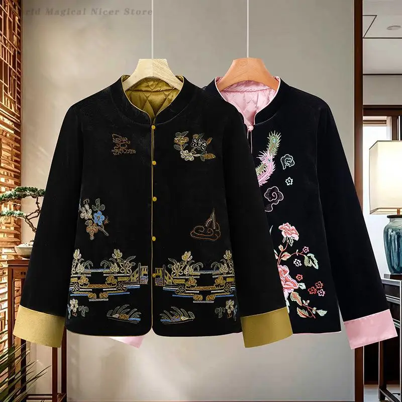 المرأة المخملية سترة النمط الصيني الرجعية الخريف الشتاء معطف دافئ تانغ زي أعلى أنيقة طويلة الأكمام التطريز ملابس خارجية