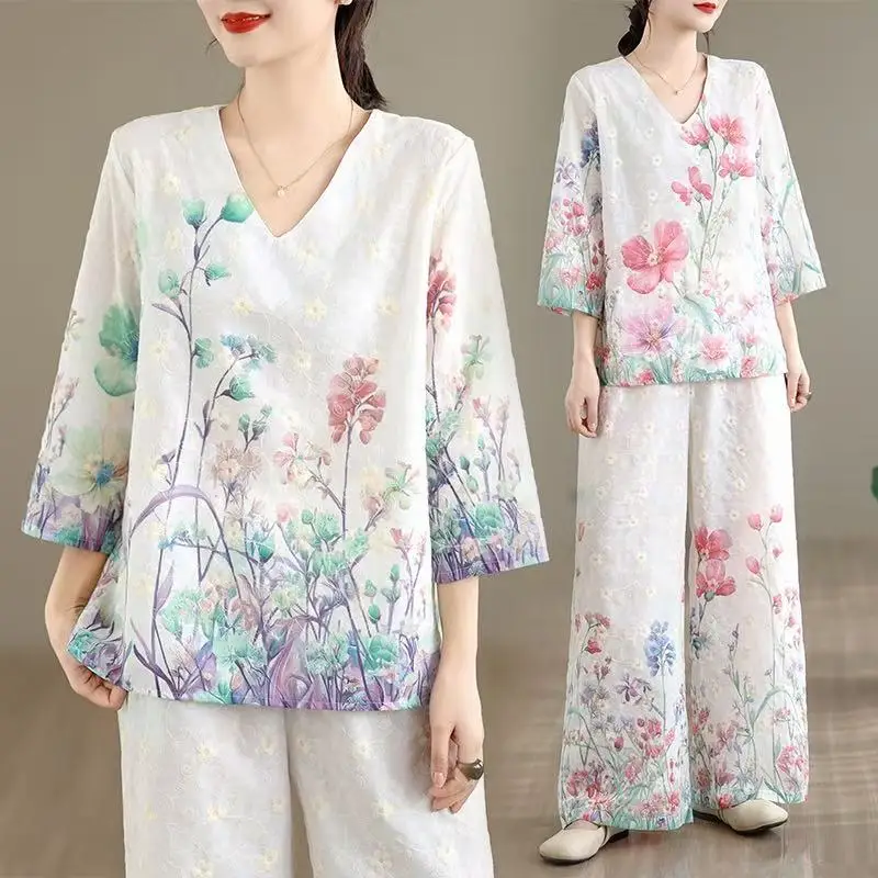 

Elegant Large Size Women's Spring Summer New V-Neck Shirt Top Wide Leg Pants Two-Piece Set Floral Print Outfit Commute Style