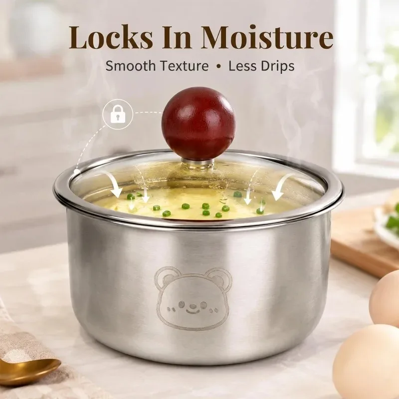 304 Stainless Steel Steamer Bowl with Glass Lid Beech Handle for Cooking Egg Custard Vegetable Soup Microwave Oven Safe Kitchen
