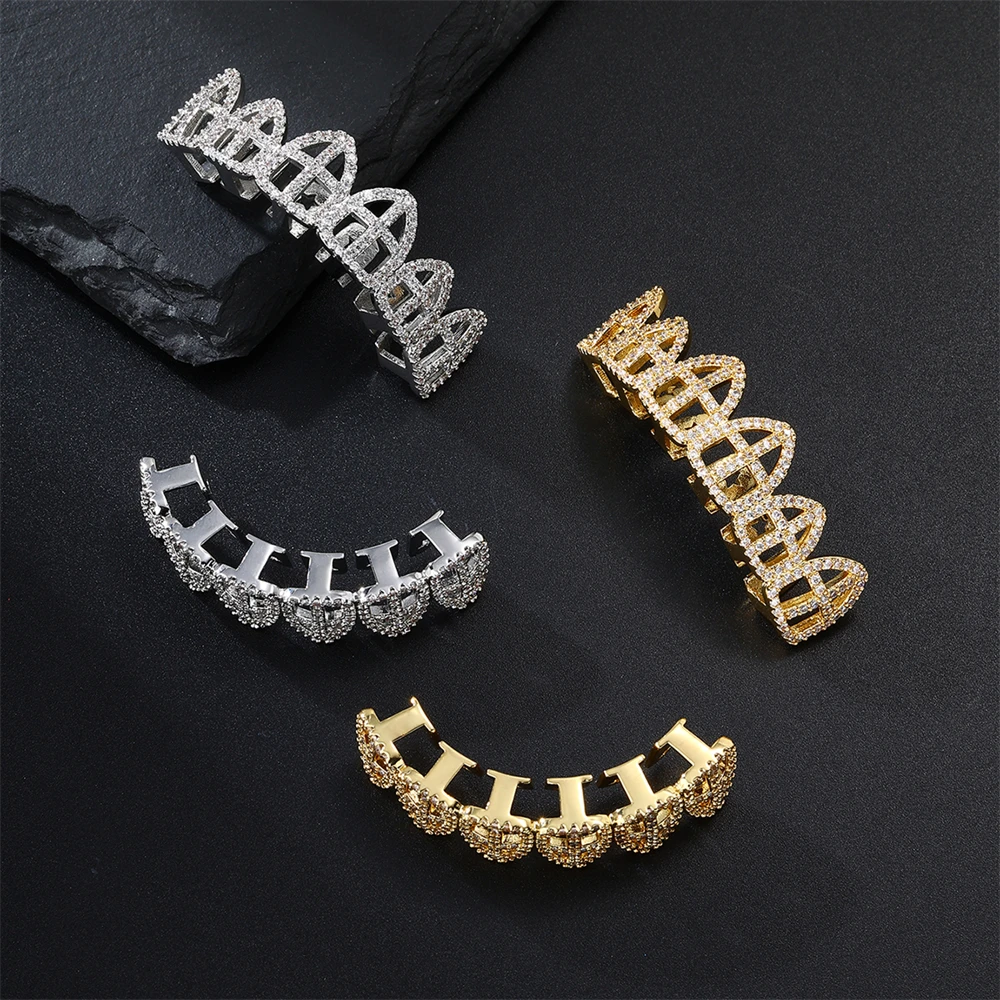 Bling Oco Cruz Grelhas de Dentes para Unisex, Iced Out CZ Pedras, Charme Pavimentado, Hip Hop Jóias Presente, Novo, D & Z