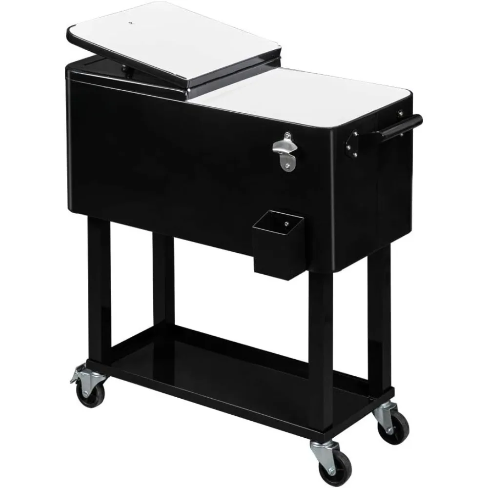 

80 Quart Rolling Ice Chest, Portable Patio Party Bar Drink Cooler Cart, with Shelf, Beverage Pool with Bottle Opener
