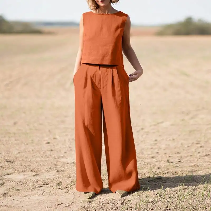 

Fashion Sleeveless Top+wide Leg Pants Two-piece Set Solid Color Women's Summer Casual Shirt Pants Set Women 2025