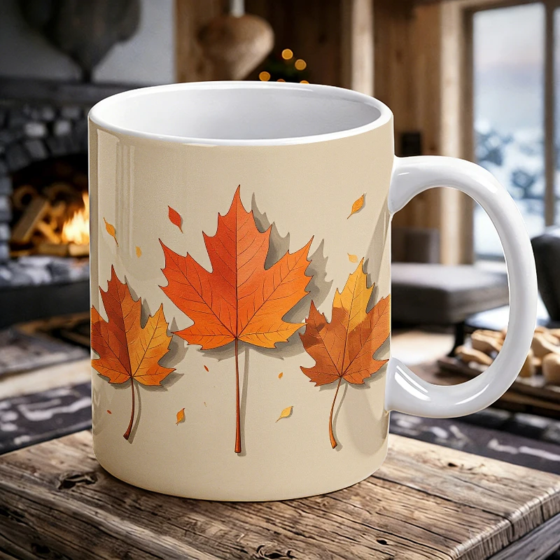 

11 oz realistic 3D gradient maple leaf handle ceramic mug, full-pattern coffee cup, insulated milk cup, office water cup