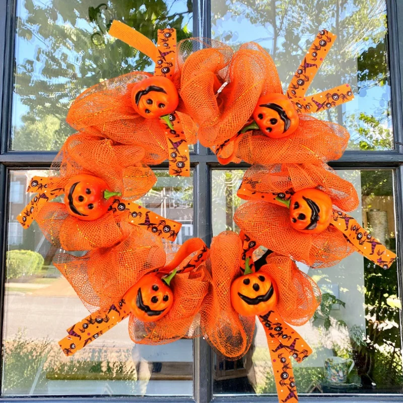 

28/40CM Halloween Wreath Pumpkin Wreaths Mesh Fabric Wreaths Front Door Flower Garland Party Supplies Halloween Decoration