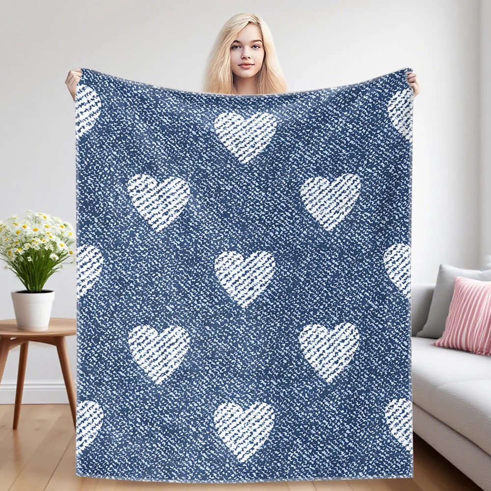 Denim- Hearts Sofa Specific Soft Flannel Blanket, Universal Plush Gift Blanket For All Seasons