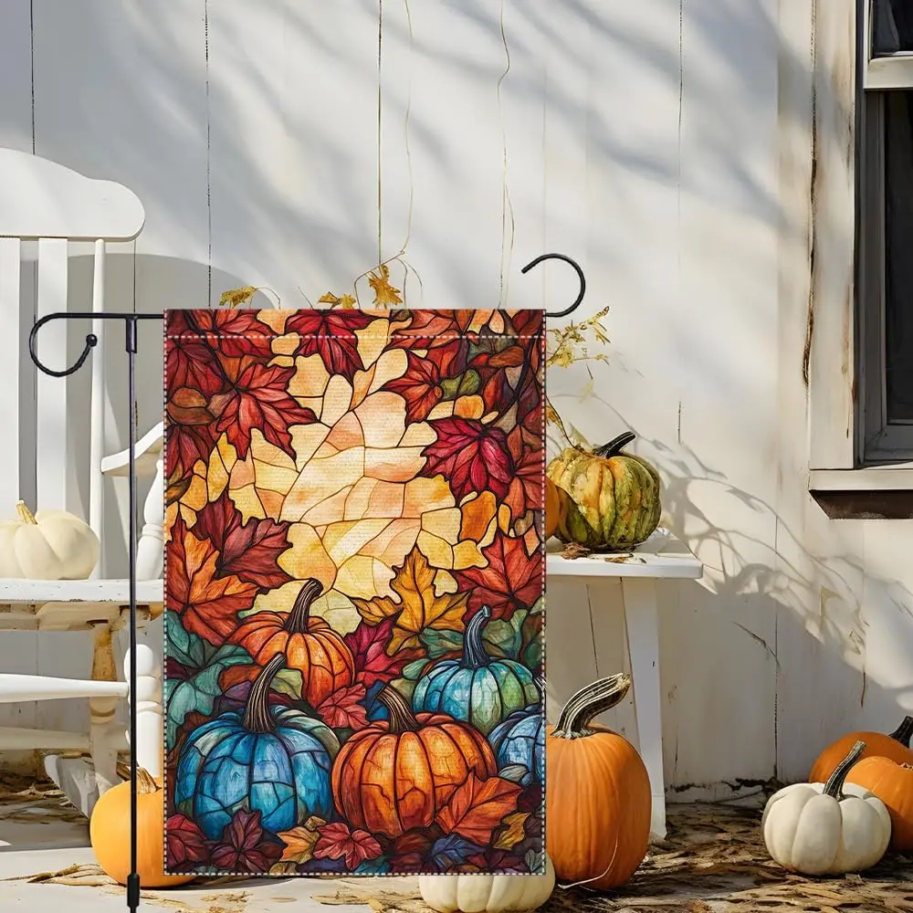 Fall Garden Flag 12x18 Inch Double Sided Burlap Outdoor Yard Decor Autumn Pumpkins Colorful Leaves Thanksgiving Porch Banner llp