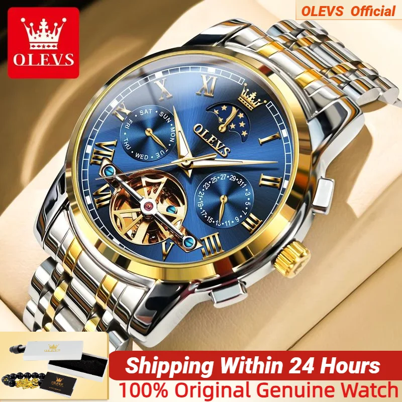 OLEVS Men Watch Automatic Mechanical Watch Stianless Top Brand Luxury Moon phase SkeletonTourbillon Wristwatch Reloj hombres