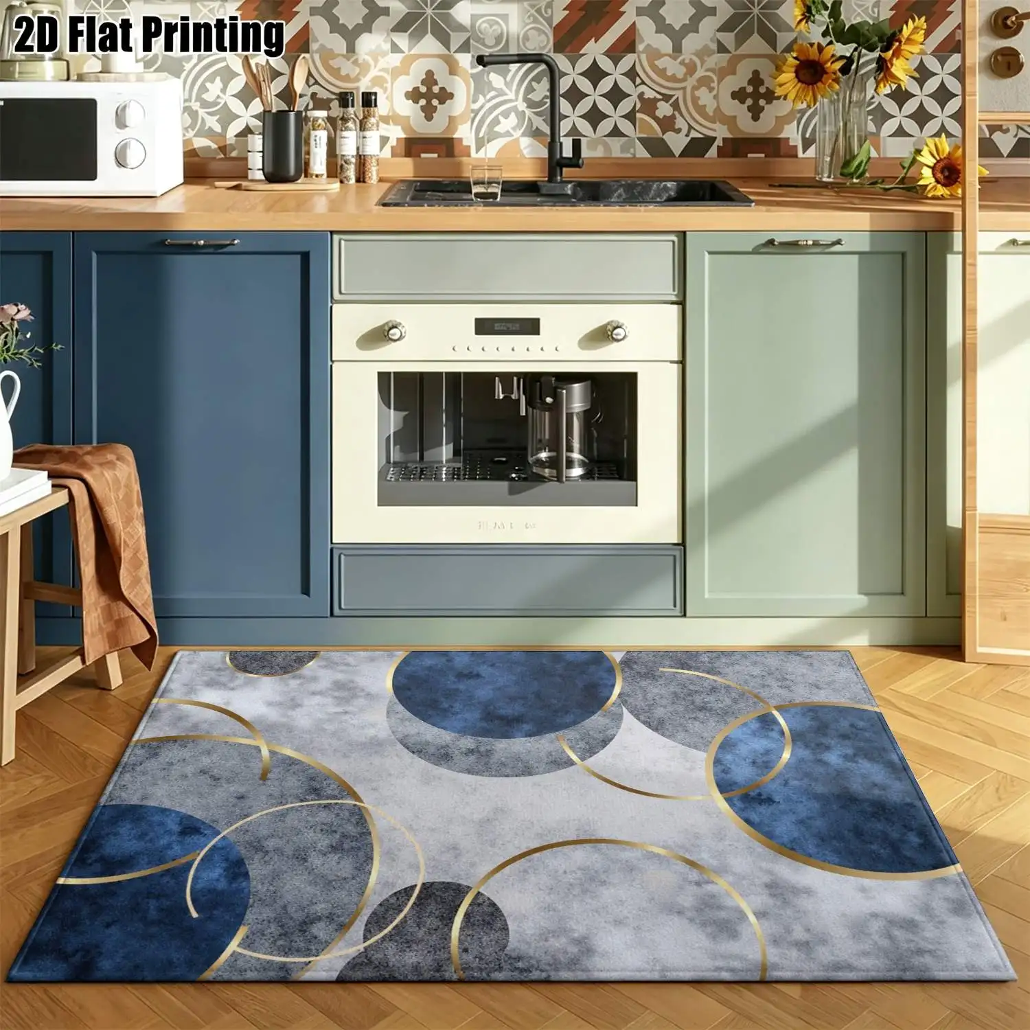 1Pc 2D Printed Carpet: Blue-Grey Geometric Circle Nordic Minimalist Style, Machine Washable, Multi-Size, Suitable for Home Decor, Multiple Settings